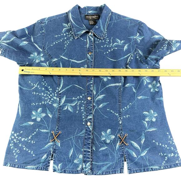 Requirements Shirt Women Sz XL Blue Floral Nautical Linen Blend Coastal Snap Top - Picture 10 of 11